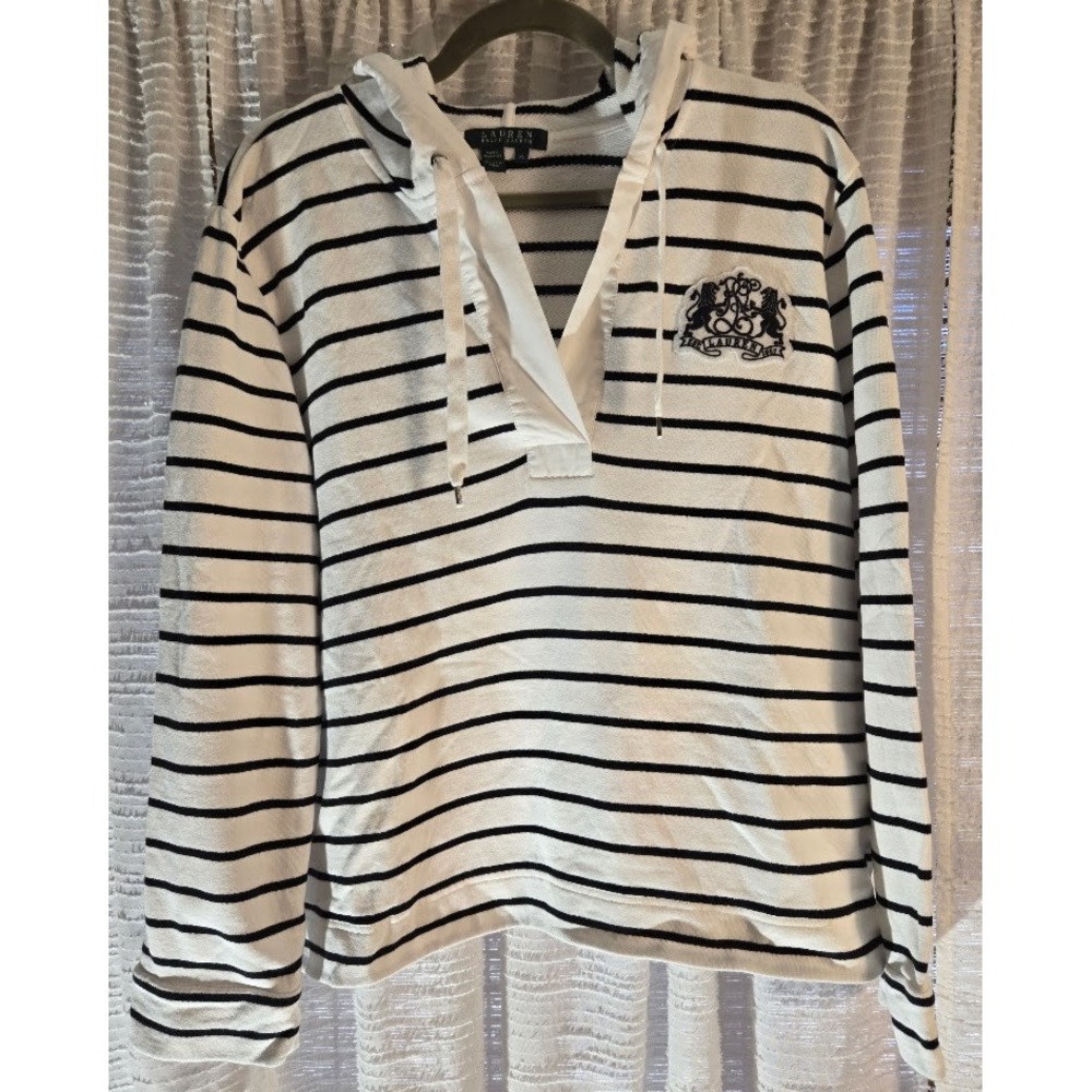 Lauren Ralph Lauren Striped Knit Hoodie Pullover XL White Navy Crest Cotton